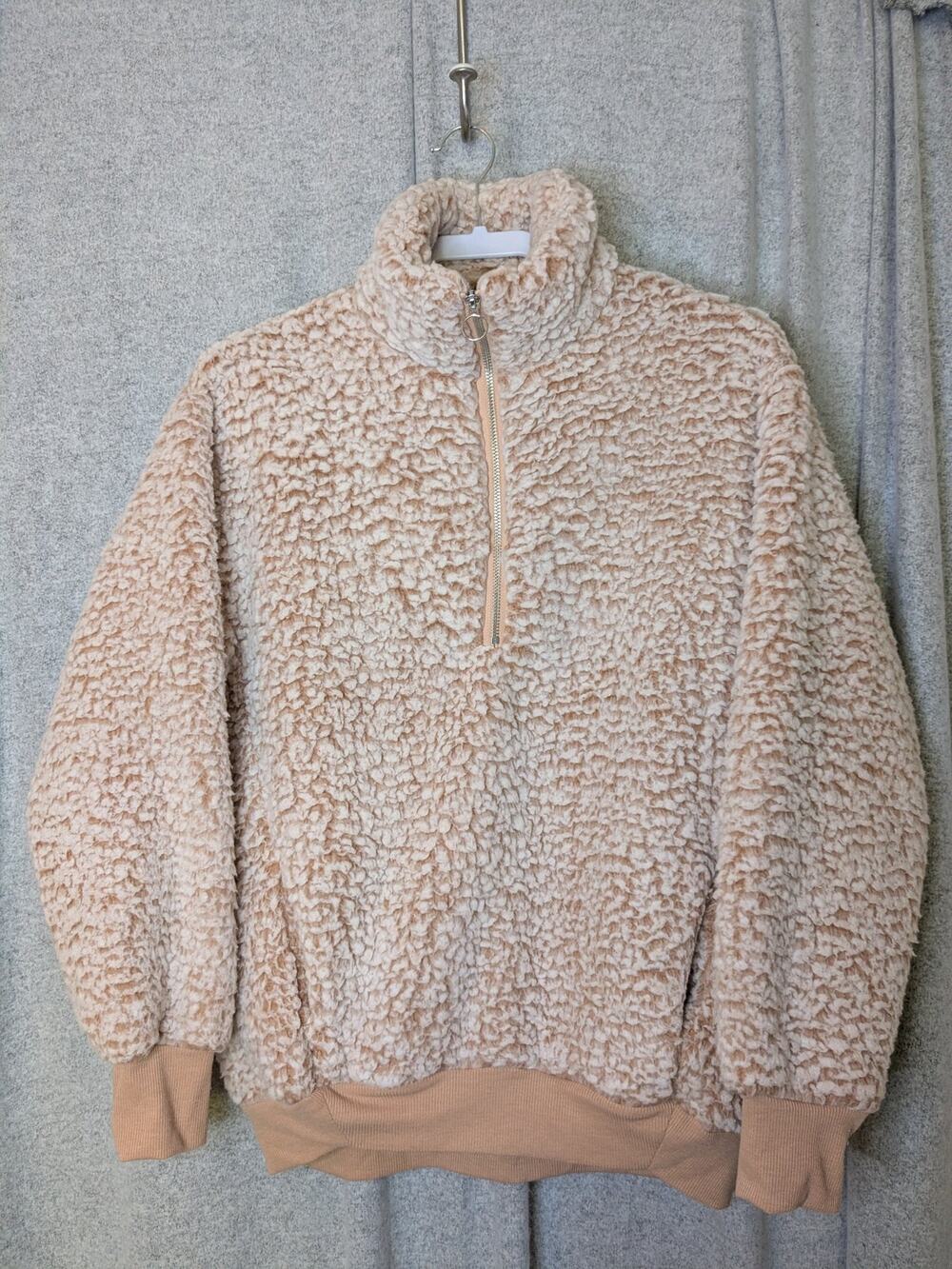 Express Teddy Sherpa Pullover Womens S Tan Cream Quarter Zip Fleece Oversized